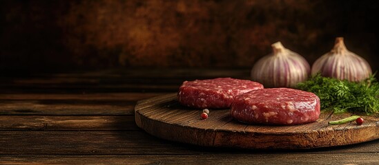 Raw meat cutlets on a rustic wooden board with fresh garlic in the background, dark earthy tones enhance the natural setting with herbs.