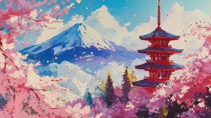 View of a pagoda with blooming cherry blossoms and Mount Fuji in the background