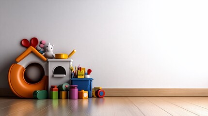 Fototapeta premium Colorful Toys Against a White Wall: A Playful 3D Render of Children's Room Decor