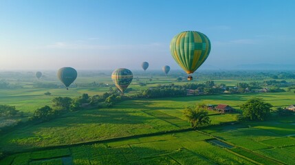 Naklejka premium Scenic view of hot air balloons floating over green pastures and farmland, vibrant natural colors, clear blue sky, serene and picturesque