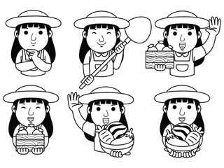 Obraz premium woman farmer cartoon character line art