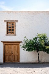 A delightful wooden door stands proudly against a backdrop of a white stone wall, complemented by a lush green tree in a tranquil neighborhood, all bathed in warm sunlight on a beautiful day