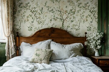 Farmhouse Bed. White and Green Bedroom Mockup with Boho Decor and Wood Furniture