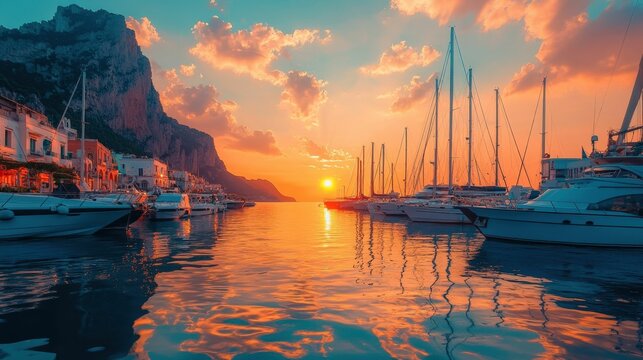 Scenic sunset view of a harbor in Capri with yachts and golden light reflecting in the water, serene and lively