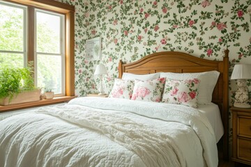 Farmhouse Bed. White and Green Bedroom Mockup with Wood Furniture and Boho Decor