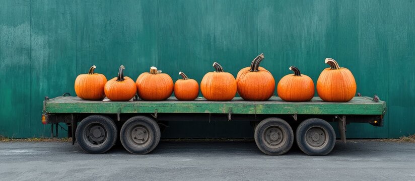 Hokkaido pumpkins in vibrant orange line a green transport vehicle against a textured green backdrop, showcasing autumn harvest aesthetics.