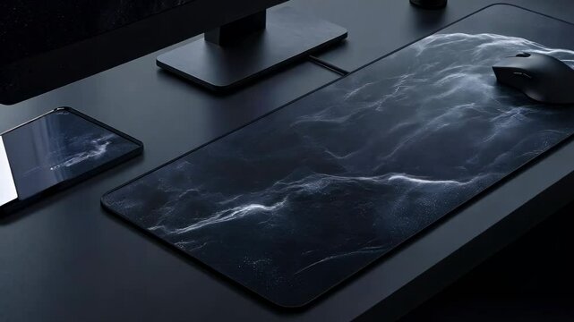 A large textured mouse pad in a matte black desk setup, with the desk surface illuminated by soft light.