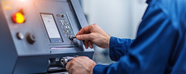 maintenance technical efficiency tools concept. A person adjusting settings on a machine control panel in a workshop, highlighting industrial technology and precision work.