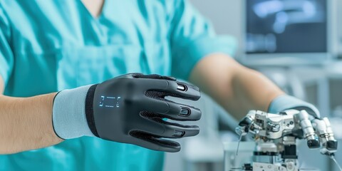 maintenance technical efficiency tools concept. A technician wearing a high-tech glove interacts with robotic components in a modern laboratory setting.
