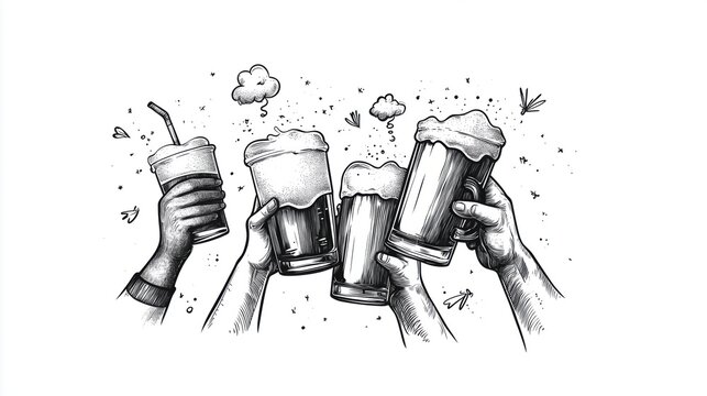 Friends Celebrating with Giant Mugs Rustic Sketch