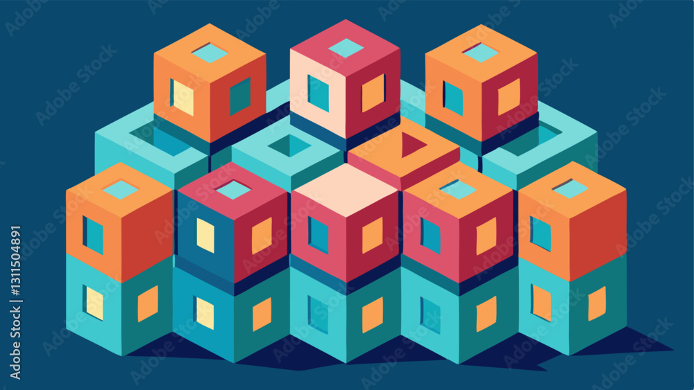 Poster tessellated cube city a cityscape made entirely of interlocking cubes with various sections protrudi