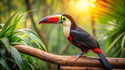 Vibrant Toucan Perched on Wooden Branch in Lush Tropical Foliage at Golden Hour