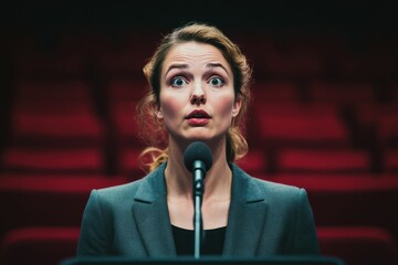 Fear Of Public Speaking: Caucasian Businesswoman Stressed and Emotionally Overwhelmed at Conference with Microphone