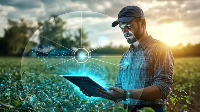 A modern farmer using a digital tablet with holographic data in a smart agricultural field at sunset, symbolizing precision farming technology. 4K video