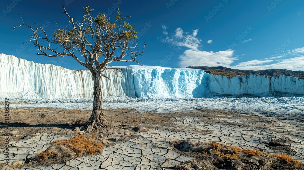 Aufkleber climate change drought idea. a solitary tree stands in front of a striking glacier under a clear blu