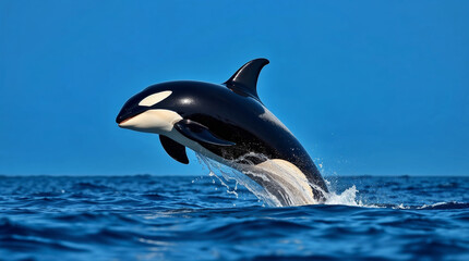 Fototapeta premium orca whale jumps out of the water with blue sky