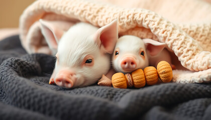 Soft blanket with piglets and a chew toy symbolizing comfort