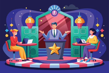 A vibrant quiz show setup displays two contestants seated with laptops as a host engages them enthusiastically, Quiz show Customizable Flat Illustration
