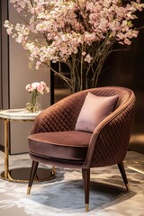 An elegant velvet chair is beautifully complemented by a decorative arrangement of cherry blossoms, set against a contemporary interior backdrop in the warm light of the afternoon