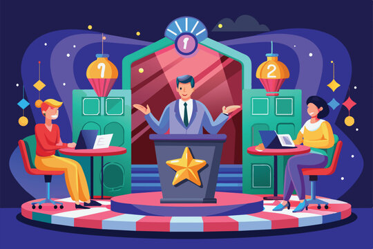 A vibrant quiz show setup displays two contestants seated with laptops as a host engages them enthusiastically, Quiz show Customizable Flat Illustration