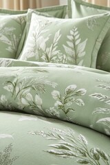 Cozy bedding arrangement featuring green floral patterns in a softly lit bedroom creating a serene atmosphere perfect for relaxation and rest
