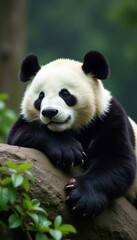 Obraz premium Giant panda soundly sleeping, sprawled on rock, calm, mammal, forest