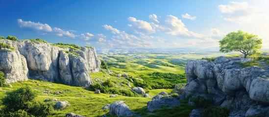 Breathtaking summer landscape showcasing a vivid blue sky with fluffy clouds over lush green grasslands and rugged limestone cliffs on the horizon.