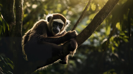 Naklejka premium gibbon rests high in treetops, dappled sunlight illuminating its fur