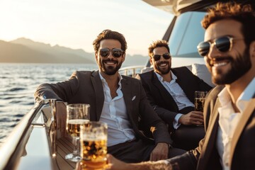 happy businessmans on yacht drinking alcohol and having fun