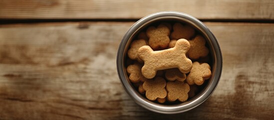 Fototapeta premium Bone shaped biscuits in a metal bowl on wooden surface, beige and light brown colors, top view with copy space for pet food advertisements.