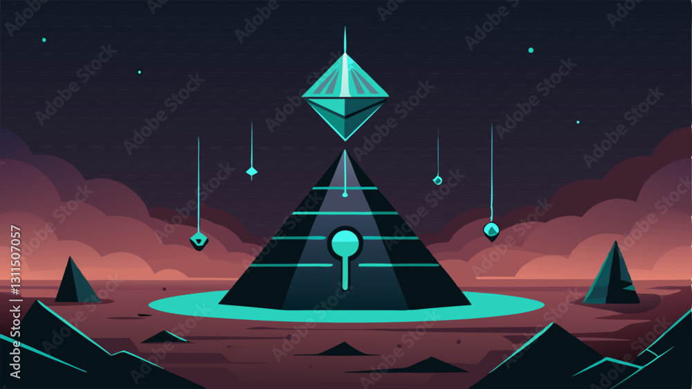Poster technoarcane balance a futuristic pyramid with intricate circuitlike designs floats effortlessly abo