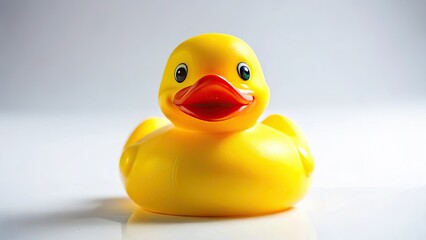 High-detail photo of a clean yellow rubber duck bath toy.  Perfect for baby bath time fun, cheerful and bright.