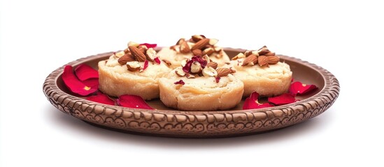 Delicious creamy Mawa Malpua dessert garnished with nuts on a brown decorative plate surrounded by rose petals isolated on white background