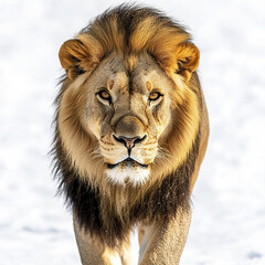 Wild male lion stepping forward with focused eyes