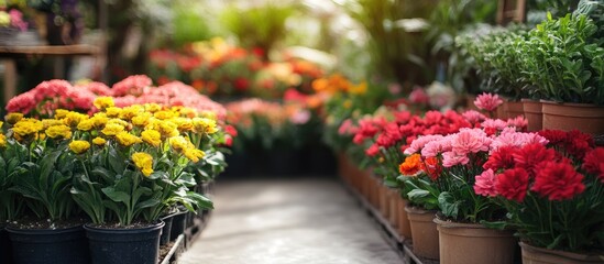 Fototapeta premium Vibrant flower display in a plant nursery featuring yellow and red blooms in pots on either side of a sunlit pathway with greenery in background