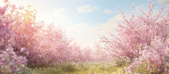 Obraz premium Spring garden scene featuring vibrant pink blossoming trees in full bloom with soft sunlight filtering through a blue sky and green grass below.