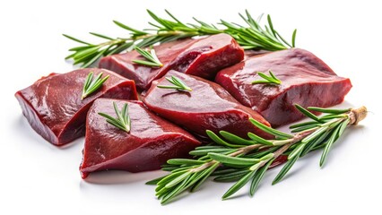 High-resolution drone shot: raw liver, rosemary sprigs, vibrant food market scene.