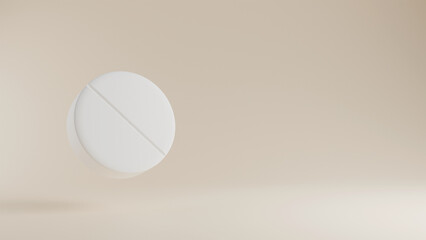 3d model of white round pill on beige background, tablet