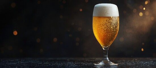 Golden beer with a frothy head in a stemmed glass on a dark background with soft bokeh highlights, displaying a refreshing pub atmosphere.