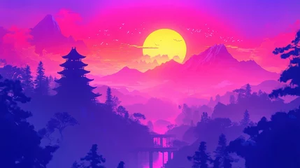 Selbstklebende Fototapeten Sunset over a pagoda with a view of mountainous landscapes © Art Fusion