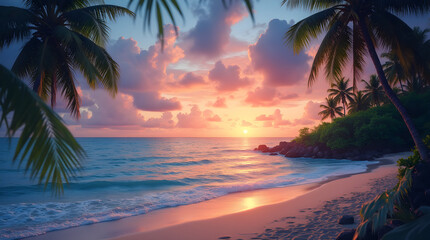 Breathtaking Caribbean Beach Sunset Palm Trees Pink Sky