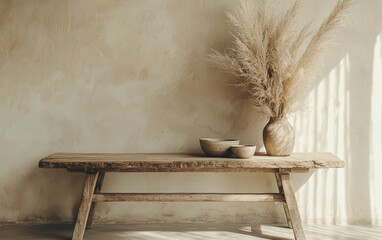 Obraz premium Wooden Table with Pampas Grass and Bowls