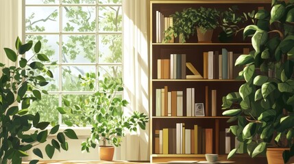 Sunlit room, plants, bookshelves, peaceful morning
