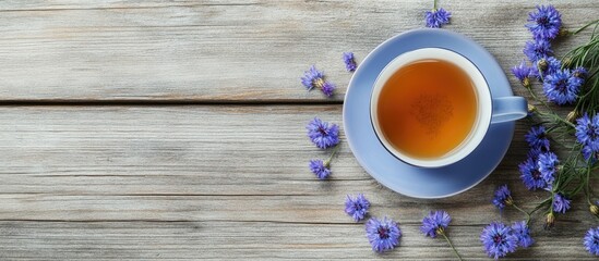 Obraz premium Flat lay of a light blue tea cup filled with amber tea on a rustic wooden table adorned with vibrant cornflowers and space for text.