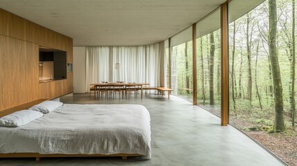 Modern minimalist bedroom with panoramic forest views.