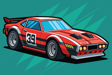 A colorful, customizable race car features a red design with striking graphics and exaggerated proportions, Race car Customizable Disproportionate Illustration