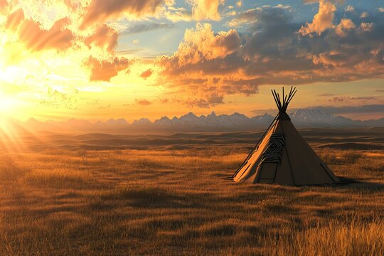 tipi on the plains on sunset with copy space