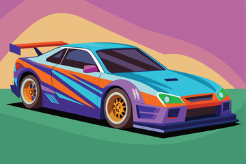 Naklejka premium A detailed illustration of a customizable flat race car showcases bright colors and dynamic design features, Race car Customizable Flat Illustration