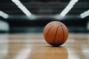Naklejka premium Basketball rests on polished hardwood floor, illuminated by brig
