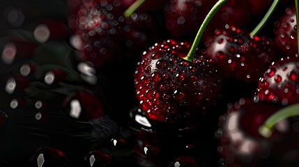 Water droplets on red cherries, black background, in the style of  dark silver and dark maroon, applecore